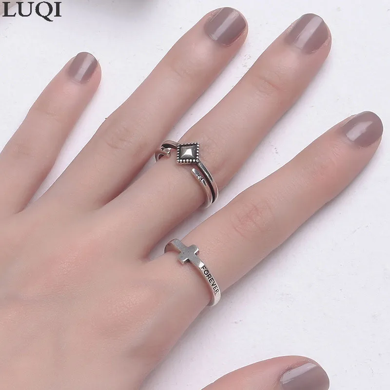 

Fashion Women's S925 Retro Thai Silver Hip Hop Cross Square Personality Opening Adjustable Rings R363