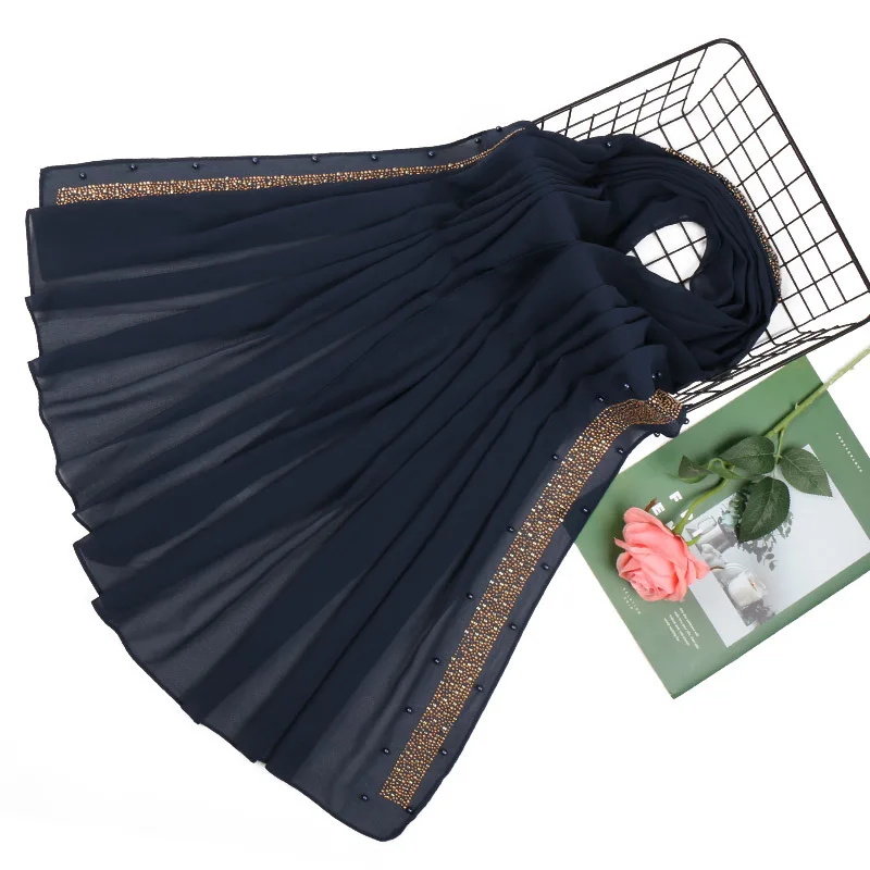 Plain Luxury Diamond Beads Bubble Chiffon Instant Hijab Ladies Stitch Chain Shawls and Wraps Bufandas Muslim Sjaal 180*75Cm - Color: 17