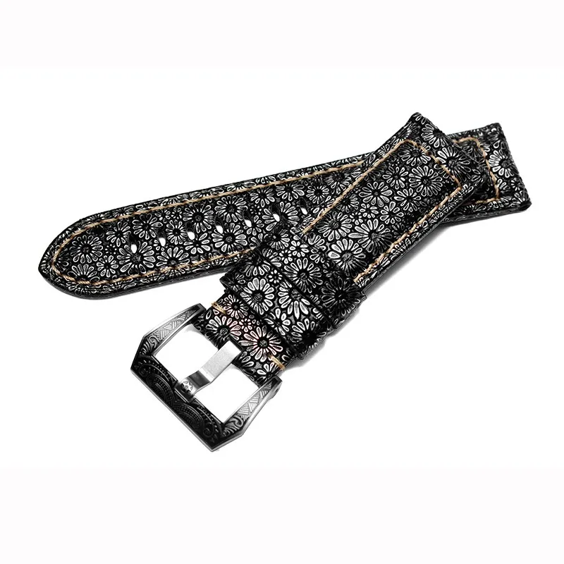 For PAM441 448 312 wristband  high quality Cowhide Genuine Leather Watch Band retro flower grain Thick Soft Watchband 22 24 26mm