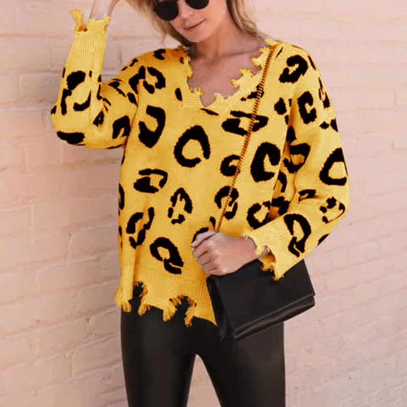 

Осень/Зима 2021, вязаный свитер с леопардовым принтом и бахромой, новый свитер с V-образным вырезом, пуловер