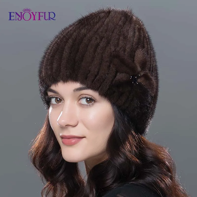 ENJOYFUR, женские зимние меховые шапки, меховая шапка из натуральной норки, толстая, теплая, модная, вязанная меховая шапка, женские шапки хорошего качества