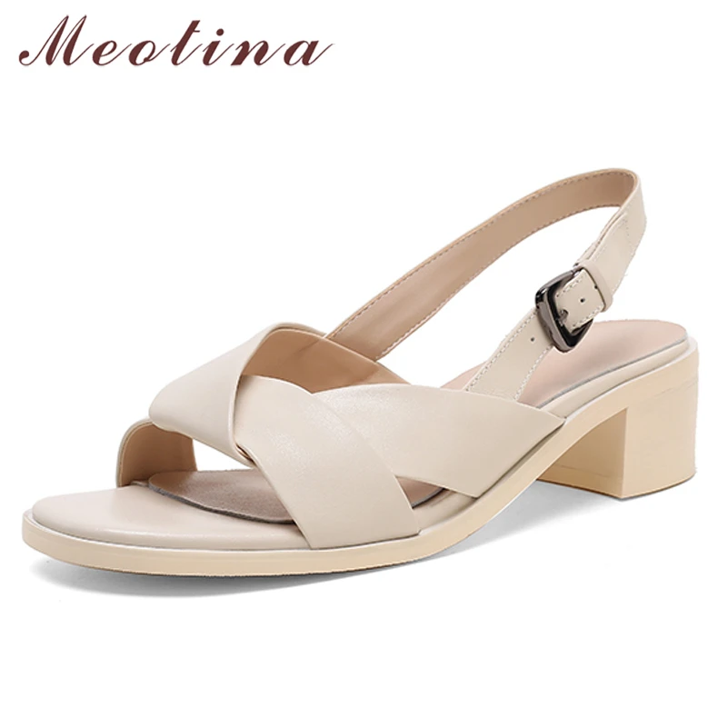 

Meotina Sandals Shoes Women Genuine Leather Sandals Med Heel Buckle Sandals Square Toe Thick Heel Ladies Footwear Summer White