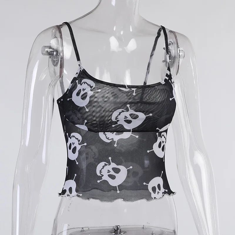 

FSNFOX Mall Goth Sexy Skull Print Net Camis Aesthetic Spaghetti Straps Bodycon Camisole Female Summer Streetwear Basic Crop Top