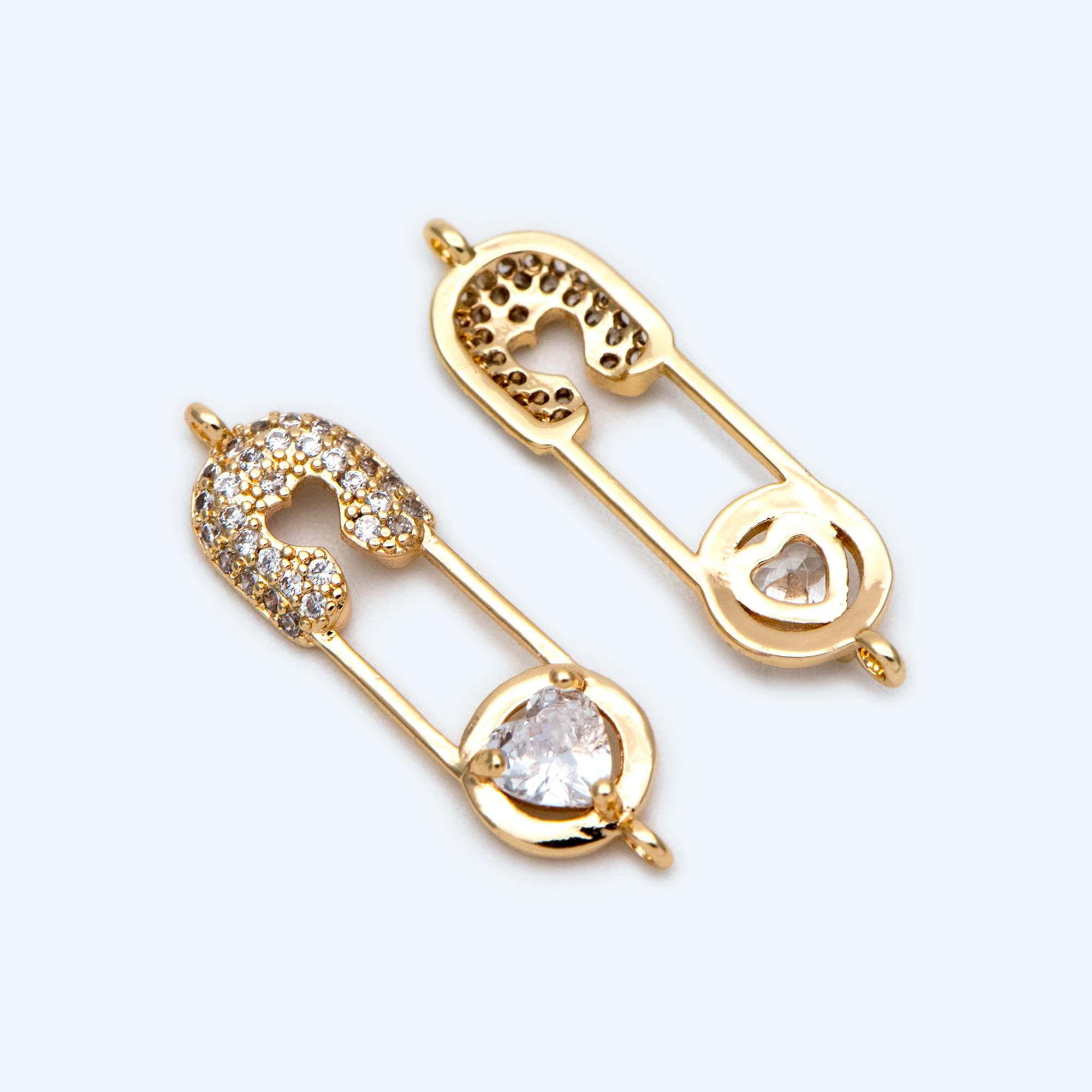 

4pcs CZ Paved Safety Pin Connectors 23x6.5mm, Gold Plated Brass Charm Pendants (GB-1827)