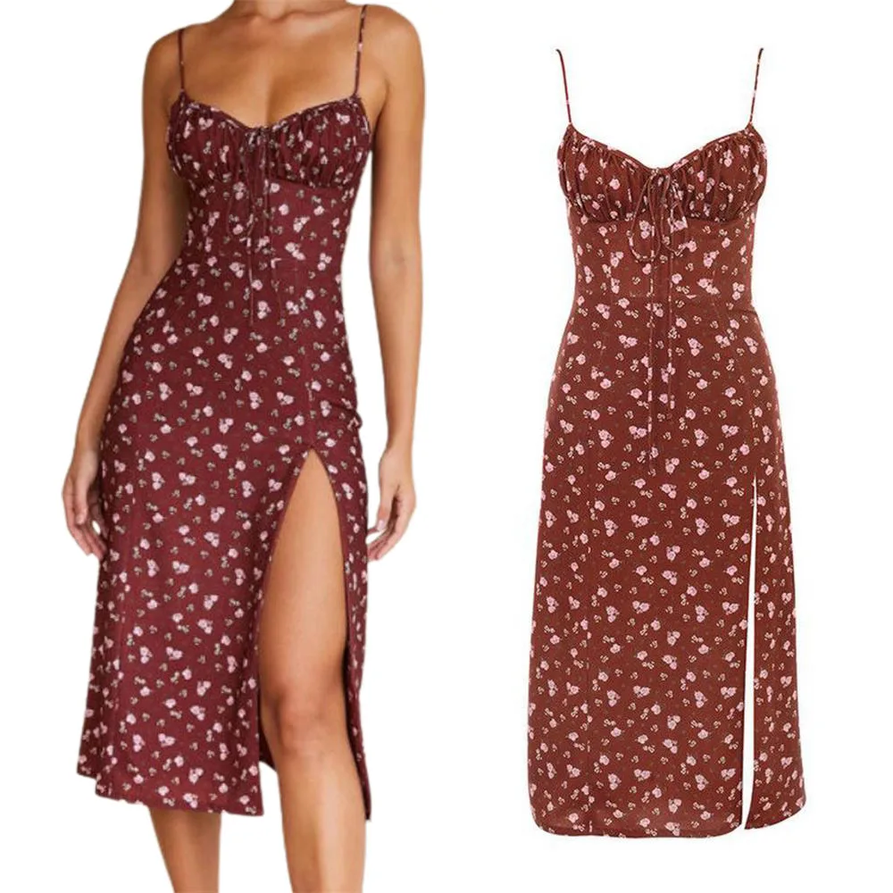 

Print Floral Backless Slim Sling Hips Large Size Dress Women Sleeveless Sheath Camisole Casual V-neck Beach Dweet Lady Dresses