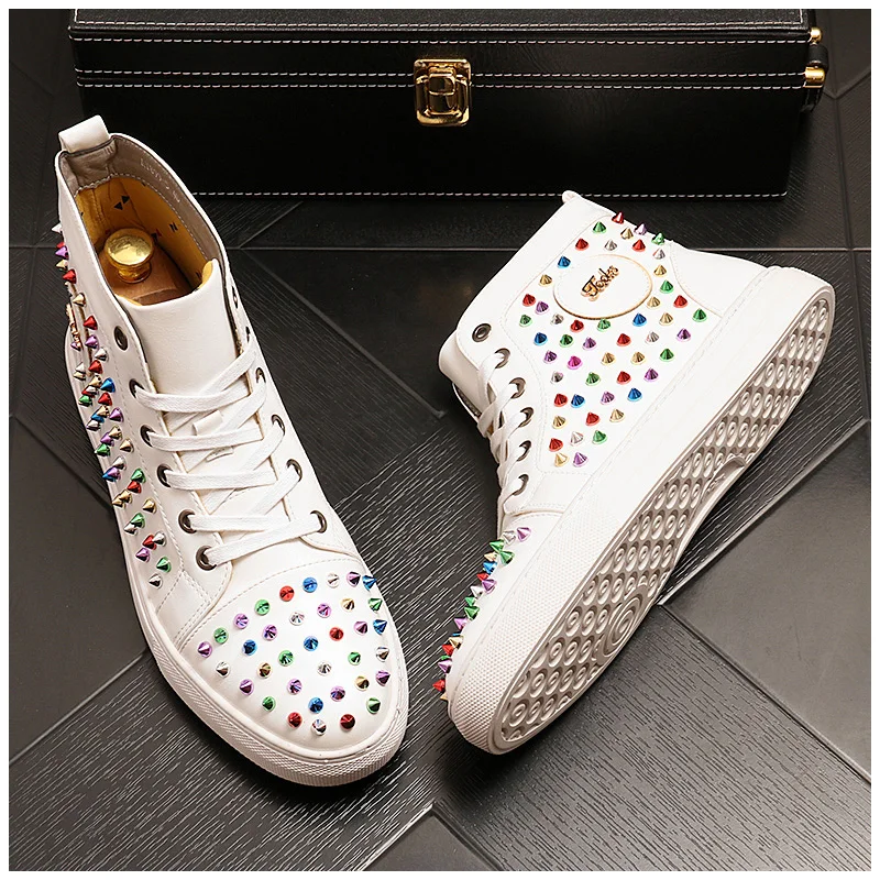 New luxury designer sneakers Men colorful Studded Rivet Spike Casual Flats high tops rock punk Shoes Male Moccasins Loafers | Обувь