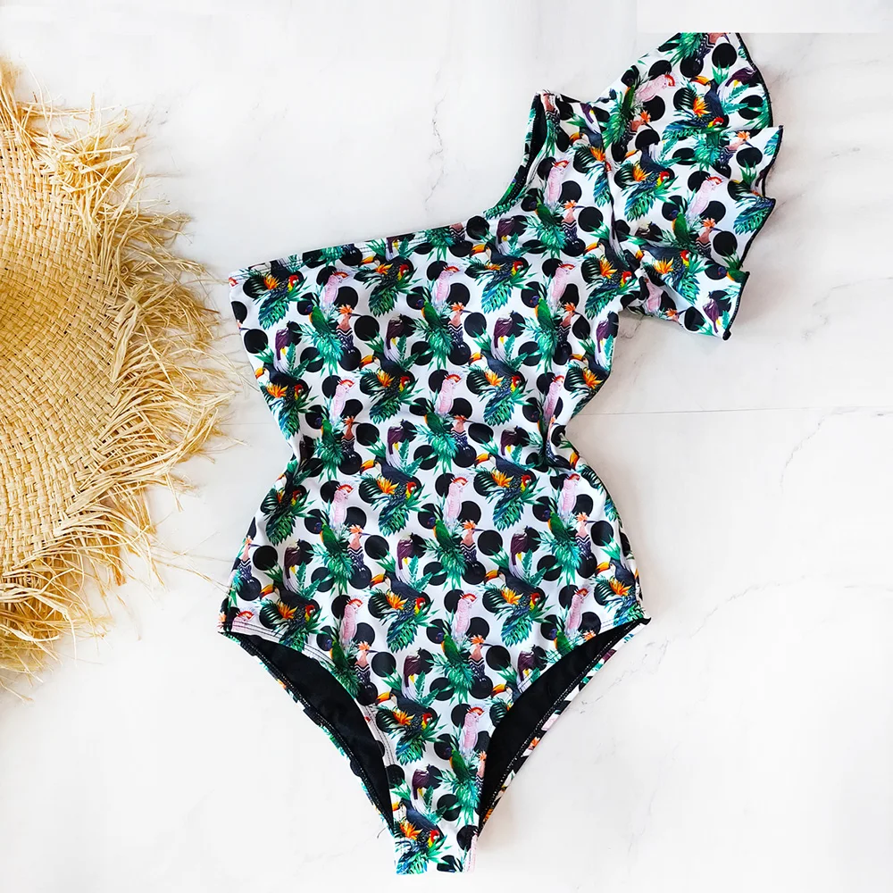 

One Shoulder One Piece Swimsuit 2020 Sexy Print Swimwear Women Swimsuit Ruffle Bathing Suit Beachwear Monokini Swim