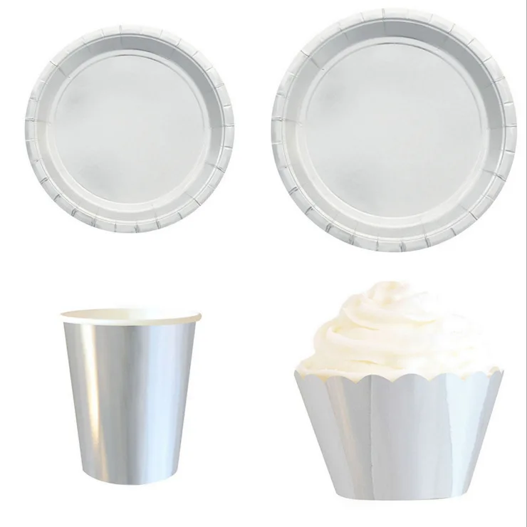 

Theme Party Disposable Tableware Set Silvery Paper Plates Cups Straw Cake Wrapper Birthday Baby Shower Wedding Party Supplies