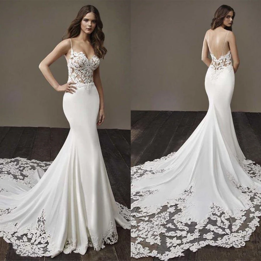 Топ Кружева Аппликация Спагетти спинки Русалка свадебное платье сексуальное
