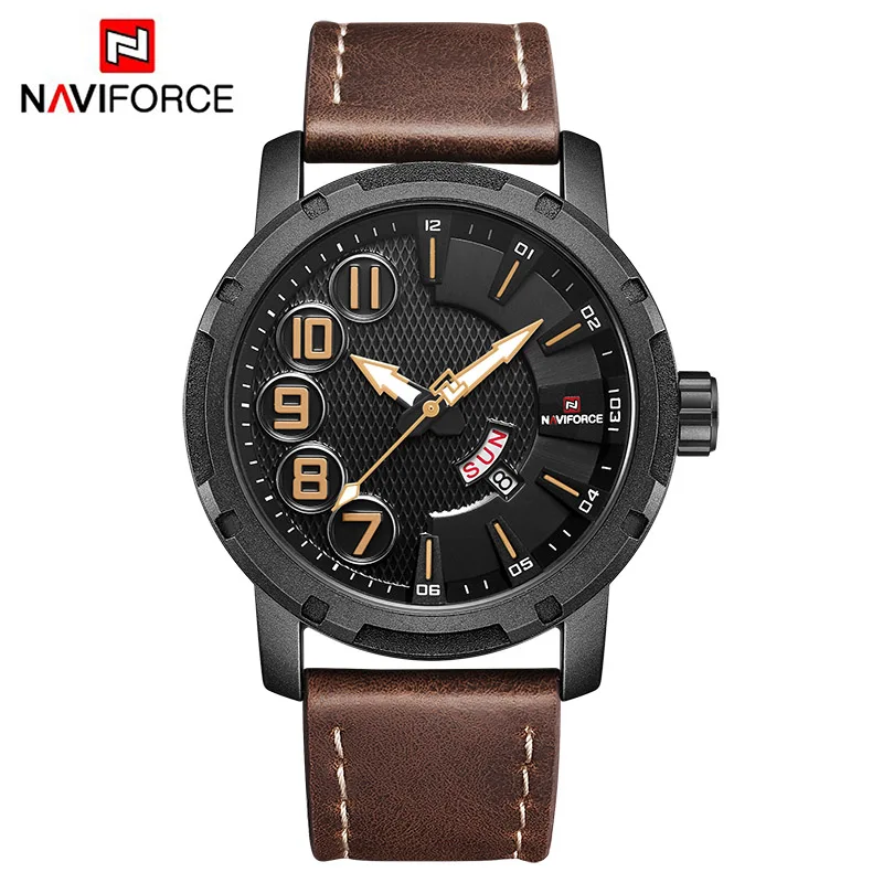 Black Yellow NAVIFORCE Лидирующий бренд мужские спортивные часы мужские Уникальные Роскошные Кварцевые часы с датой мужские кожаные армейские военные водонепроницаемые наручные часы - Цвет: Black Yellow