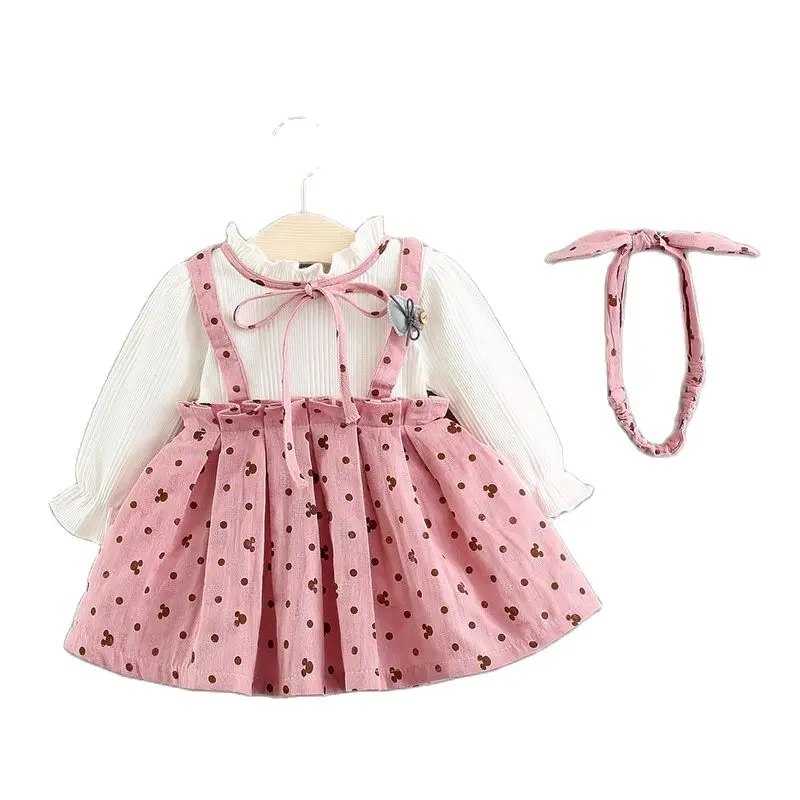

2021 New Autumn Long Sleeved Dot Bowknot Dress For Girls Birthday Princess Dresses Send Headband Toddler Girl Fall Clothes