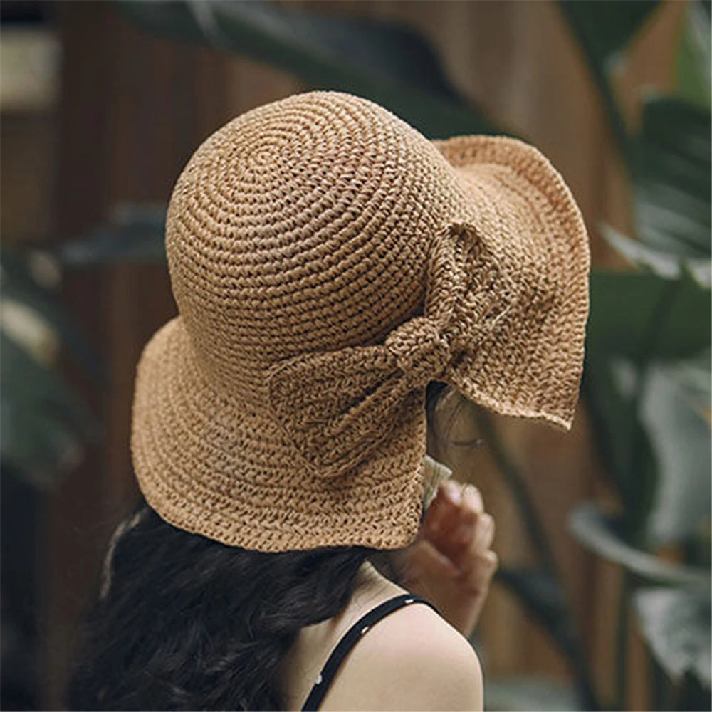 Fashion Straw Bow Sun Hat Wide Brim Floppy Summer Visor Hats For Women Beach Casual Dome Bucket Femme Shade | Аксессуары для