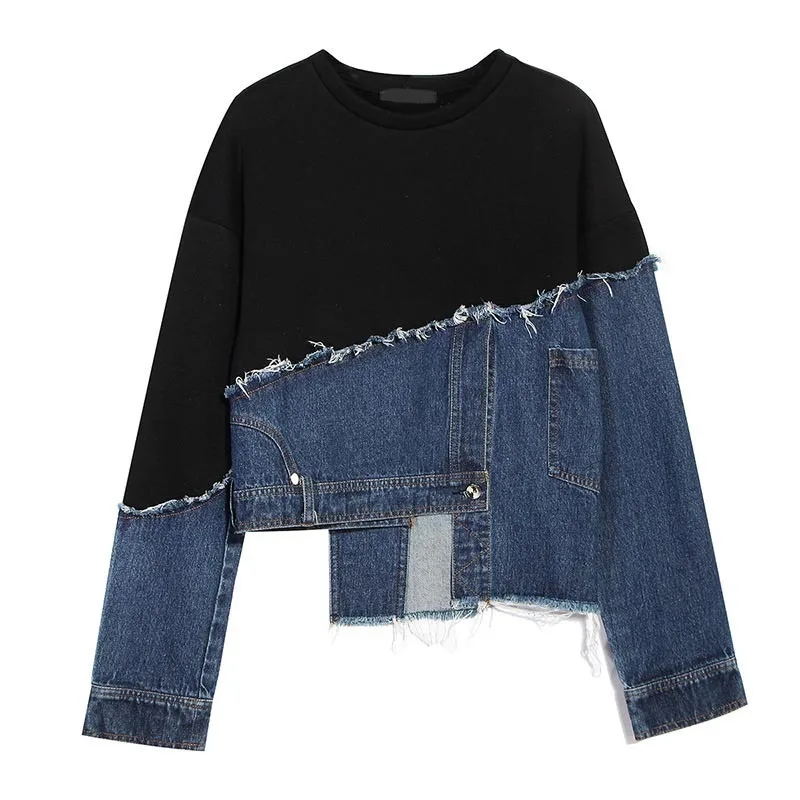 

VGH Irregular Patchwork Denim Tassel Sweatshirt For Women O Neck Long Sleeve Casual Sweatshirts Female Fashion New Clothing Tide