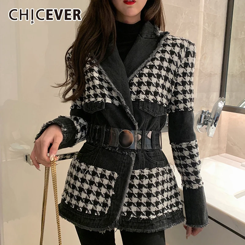 

CHICEVER Plaid Patchwork Hit Color Denim Blazer For Women Notched Long Sleeve Sashes Coat Female New Clothing 2021 Fashionable
