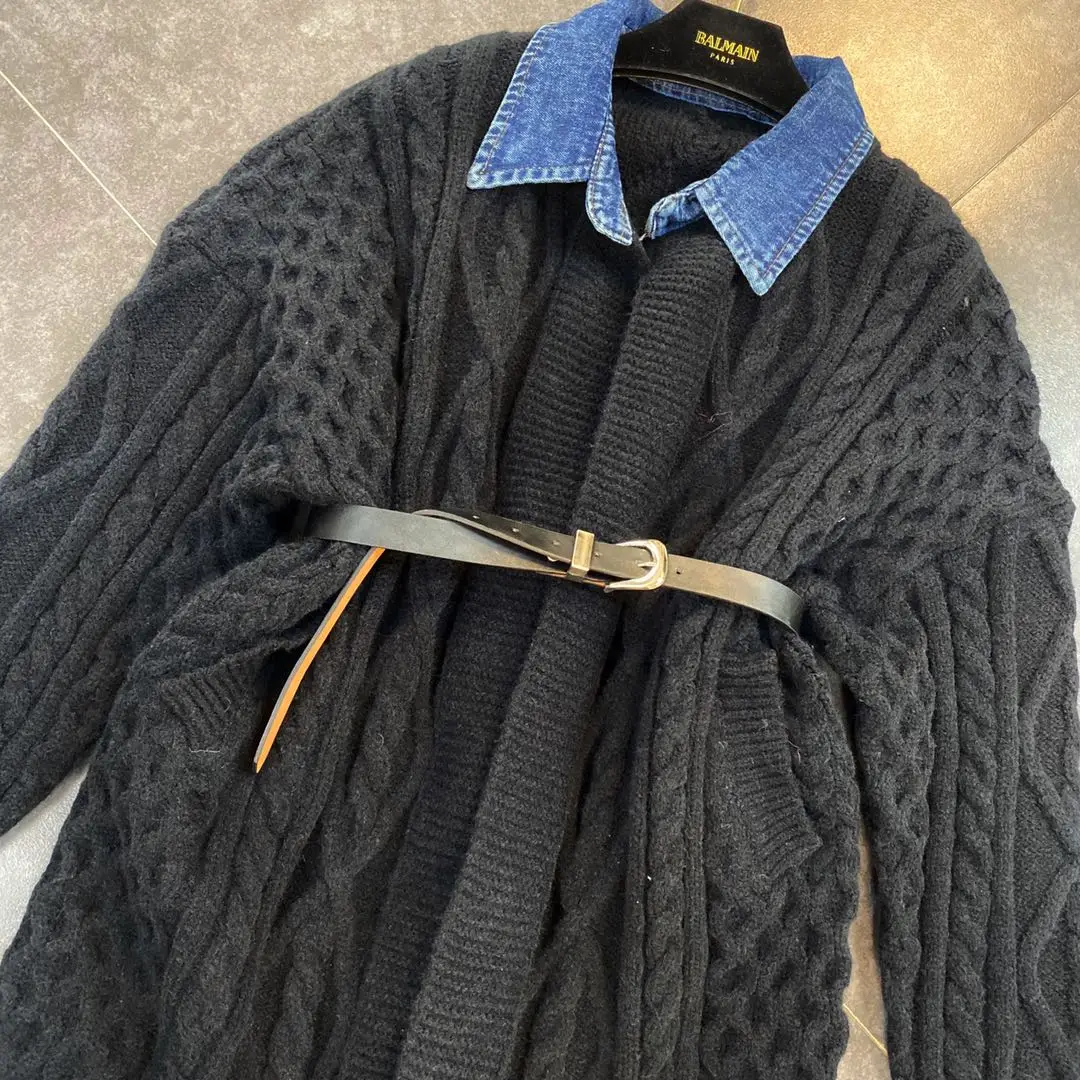 

ZCSMLL 2021 Fall Denim Lapel Long Sleeve Patchwork Color Loose Big Size Mid-length Knitted Women Fashion Jacket with Belt