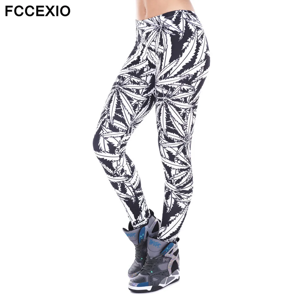 FCCEXIO Fashion Stretch Leggings Weeds White Stripes Print Fitness Legging Sexy Silm legins High Waist Trouser Women Pants - Color: LGA43465