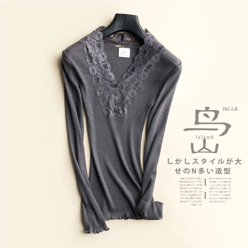 

70% Nature Silk+30% Cotton Women Sexy Lace T-shirt V-Neck Collars Knitted Nature Long Sleeved High Elastic Bottoming Shirt Tops