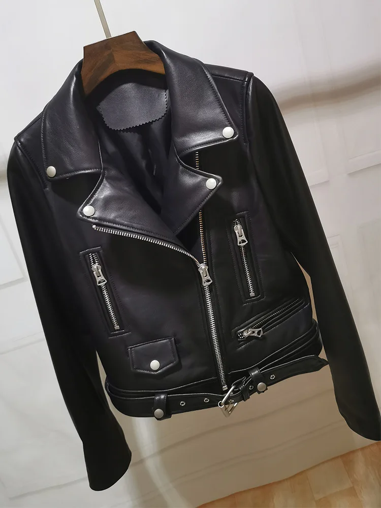 

2021 Genuine Leather Clothes Women's Short Style Motorcycle Jacket Sheepskin Slim Thin Small Leather Jacket