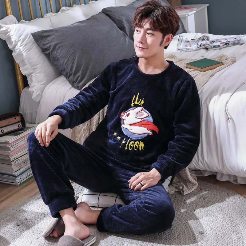 Пижамный комплект мужской фланелевый с длинным рукавом одежда для сна принтом