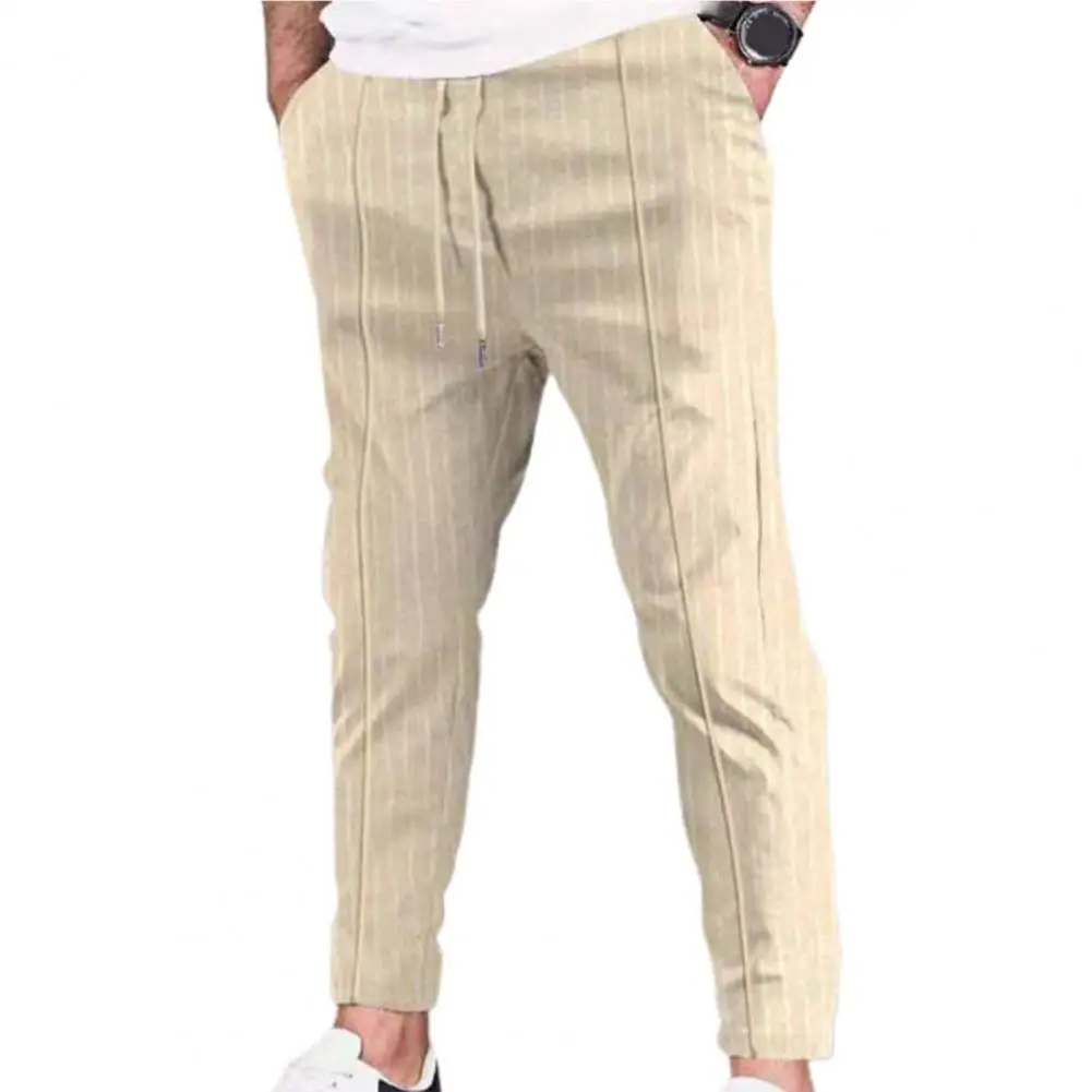 

Men Pants Casual Solid Color Drawstring Elastic Waist Male Jogger Stripe Pants Slim Autumn Trousers Streetwear