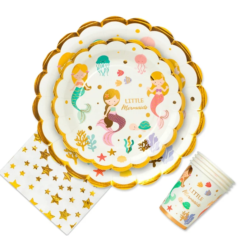 Золотые Foli Русалочка одноразовая посуда бумажная салфетка под тарелку кружку