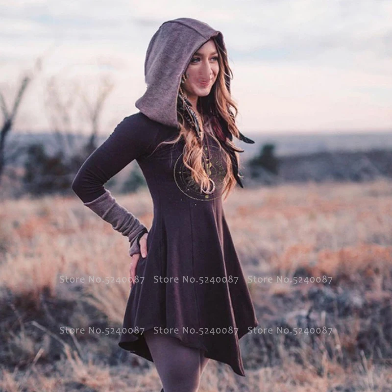 Женское платье с капюшоном Elf Victoria винтажный свитшот длинным рукавом и принтом в