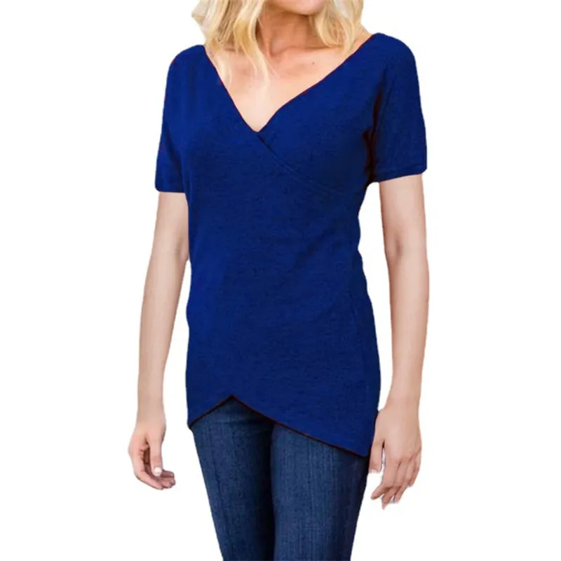 

Casual Women's Summer V-Neck Solid Color Short Sleeve T-shirt 2021 Plus Size Fashion Irregular Tops Female Office Black T-shirt