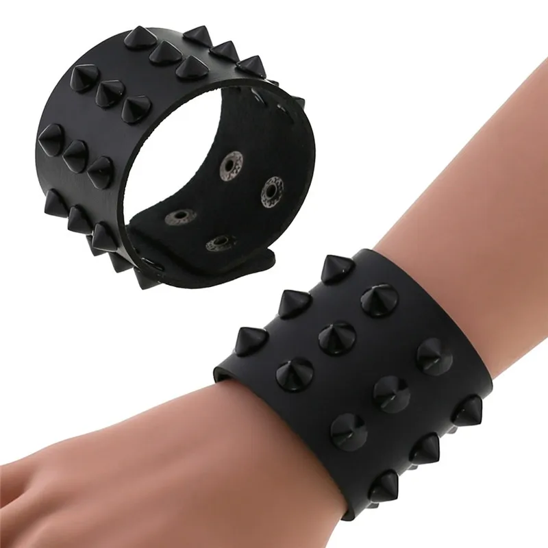 

Punk Three Row Cuspidal Spikes Rivet Stud Bracelets Women Wide Cuff PU Leather Gothic Rock Unisex Bracelet Men Jewelry Wristband