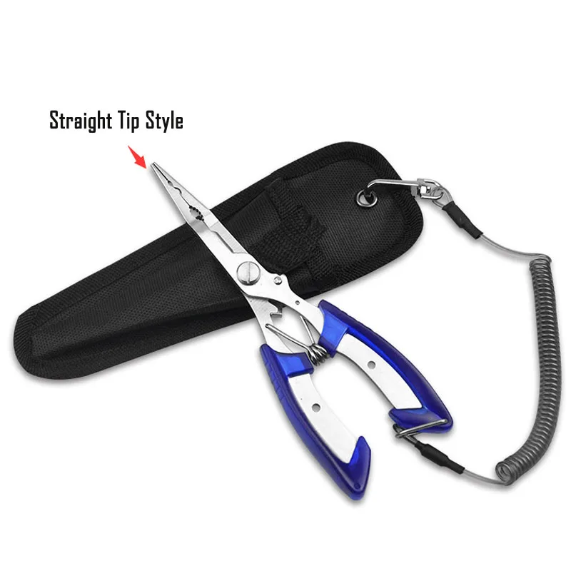 Blue Straight Tip Набор рыболовных плоскогубцев, многофункциональные рыболовные щипцы из нержавеющей стали, ножницы для лески, инструмент для удаления крючков, снасти+ инструмент для защиты от потери - Цвет: Blue Straight Tip