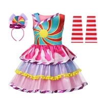 rainbow sweet candy fairy girl birthday costume kids rainbow lollipop flower bow tutu dress and headband for carnival party