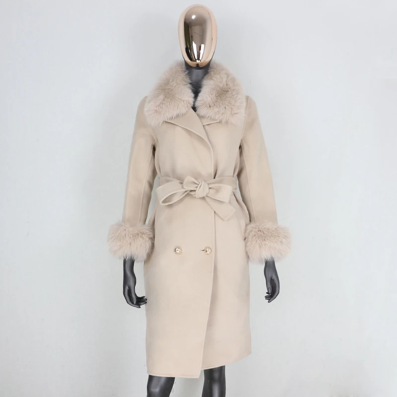 

Женское кашемировое пальто с меховым воротником, двубортное пушистое пальто из 2021-ной шерсти с меховыми манжетами и воротником из лисьего м...