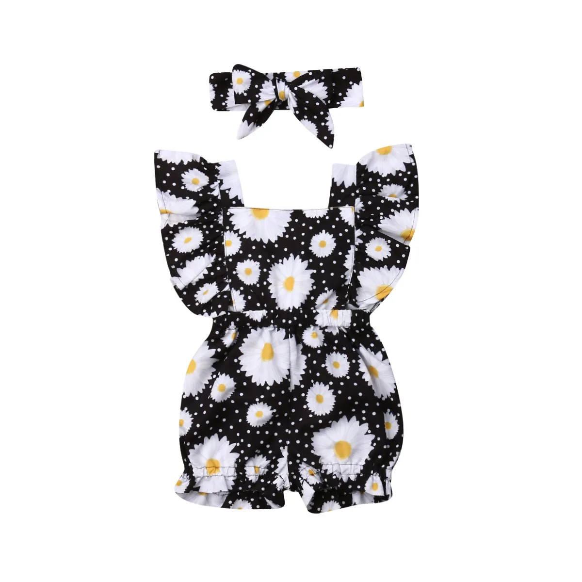 Sunflower Black Одежда для новорожденных девочек с рукавами-крылышками, с оборками, Детский комбинезон с повязкой-бантом комплект одежды из 2 предметов - Цвет: Sunflower Black