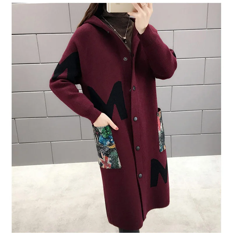 wine red Женская куртка осень зима длинный кардиган Новая мода письмо жаккард Досуг с капюшоном свитер пальто Свободный вязаный блуза f1708 - Цвет: wine red