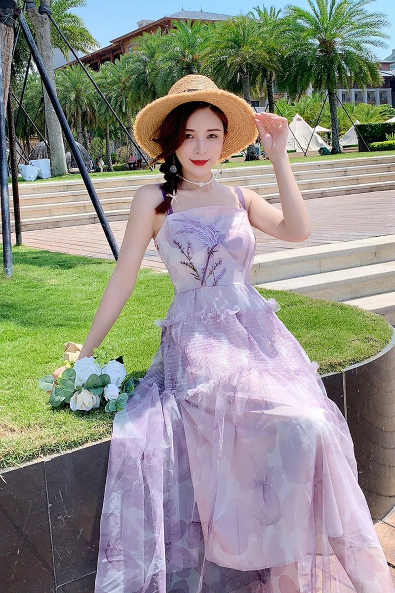 

Summer Swing Sleeveless Holiday Purple Dress for Women Retro Mesh Camisole Long Dress Female Plus Size Suspender Sexy Dress