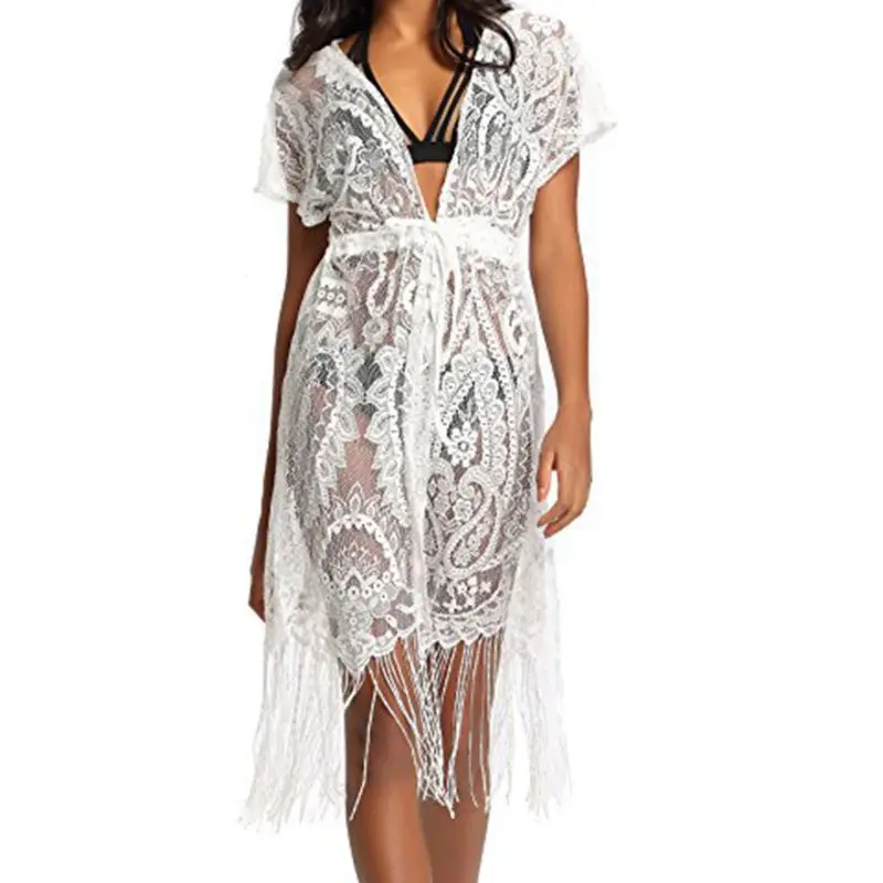 Womens Short Sleeves V-Neck Kimono Cardigan Hollow Crochet Floral Lace Drawstring Bikini Cover Up Long Tassels Midi Beach Dress | Женская