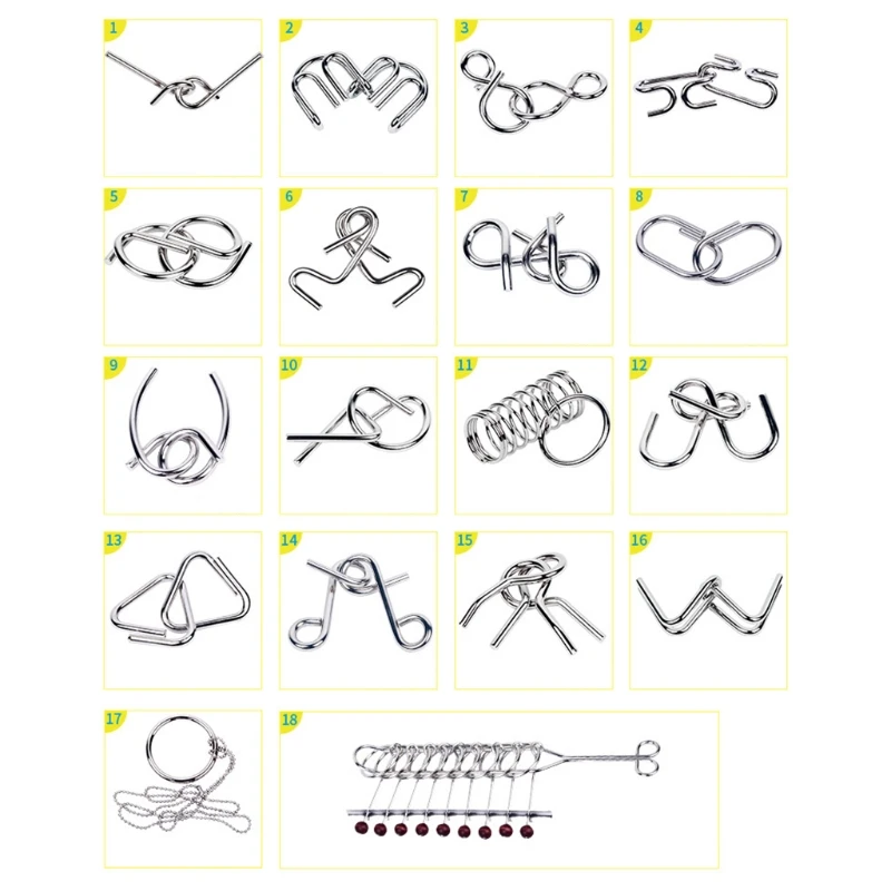 

Butebuy 18Pcs Metal Wire Puzzle IQ Mind Brain Teaser Link Unlock Interlock Set