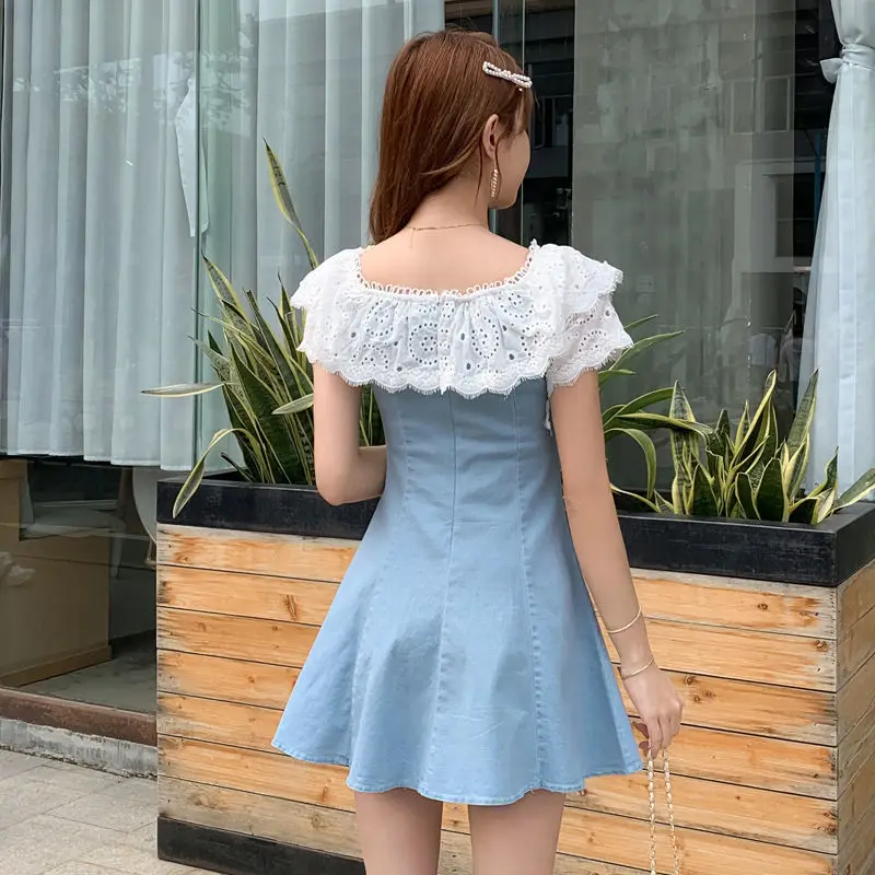

Shoulder denim dress women's 2021 summer new slim slim lace stitching small high waist A- line skirt