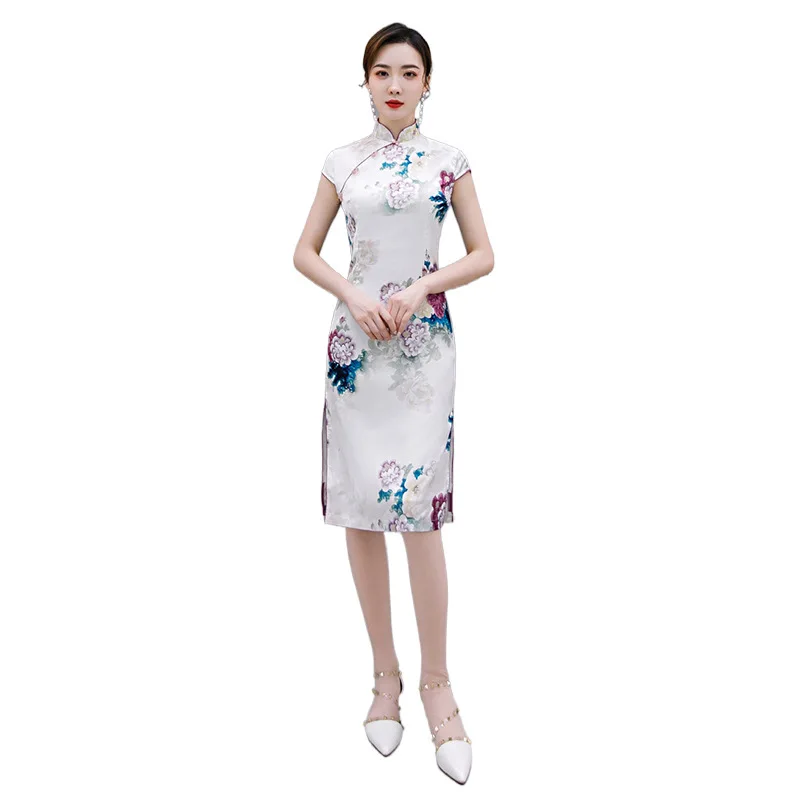 

Elegant Satin Mandarin Collar Chinese Style Qipao Sexy High Split Party Prom Dress Print Flower Cheongsam Oversize Vestidos