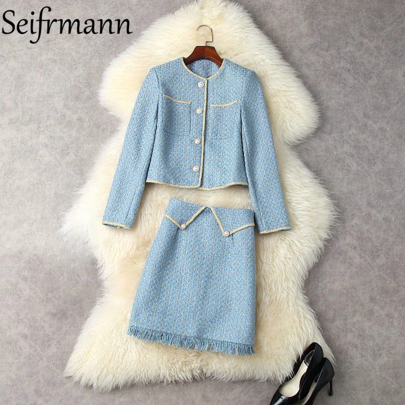 

Seifrmann New 2021 Autumn Women Fashion Runway Skirt Set Long Sleeve Pockets Straight Tops + High Waist Print Midi Skirts Suits