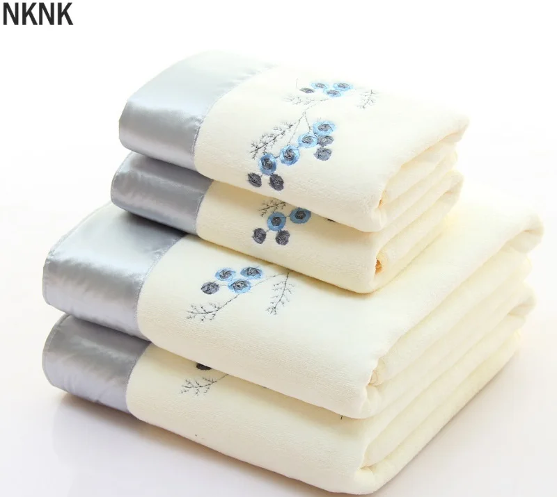 

2pcs/set microfiber Elegant Embroidered towel set solid 1pc face towel and 1pc bath towel Quick Dry Towels bathroom for Adult