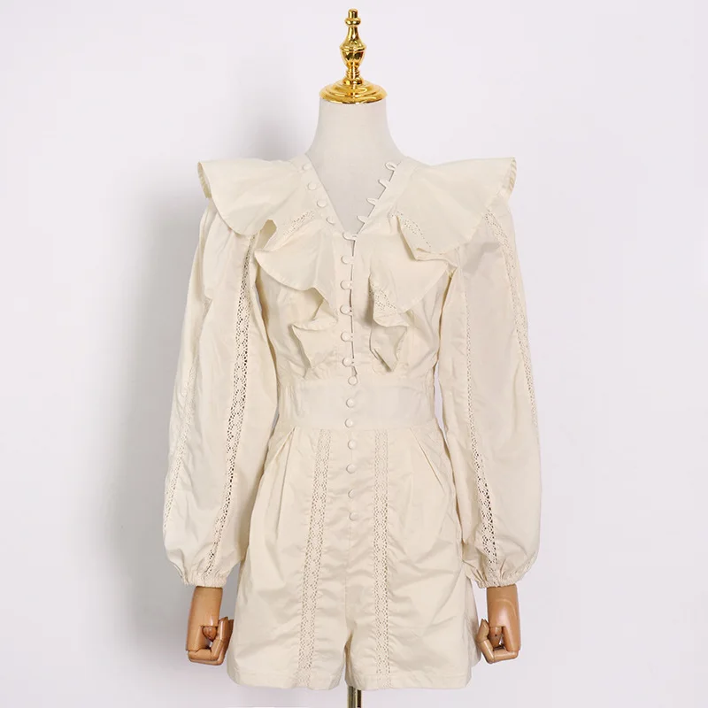 

Real Image Women Long Sleeves Jumpsuits Fashion Single-breasted Long Sleeves Ruffles Backless Lace up Straight Shorts Rompers