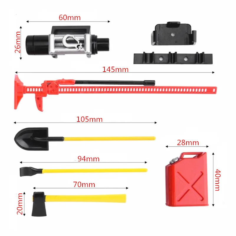 

6pcs/set RC Cars Crawler Accessory Mini Decor Simulation Tool Part Car Shovel Fuel Tank Set High simulation Model Vehicle Parts