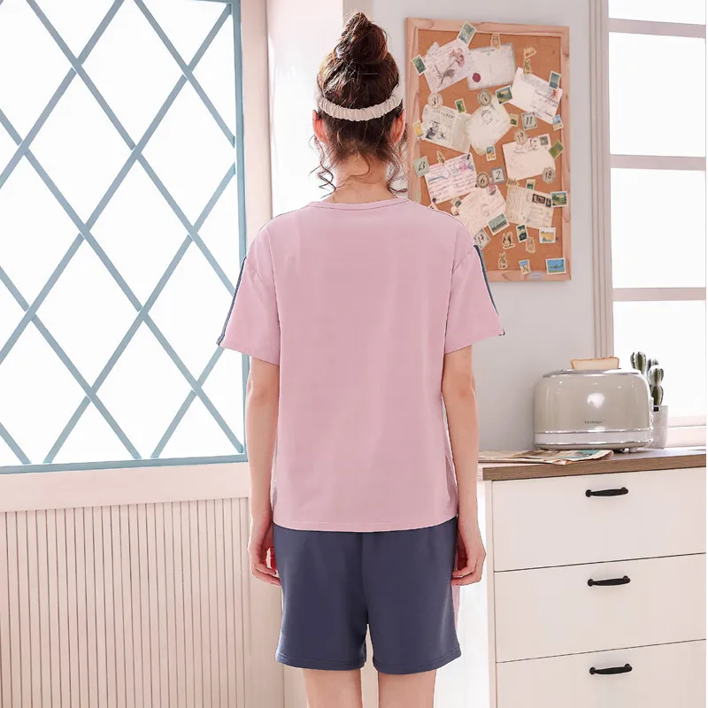 Women Pajamas Sets Suits Lovely Home Suit 100% Cotton Pyjama For Sleepwear Short Sleeve Top + Shorts Pyjamas Pijamas Mujer | Женская
