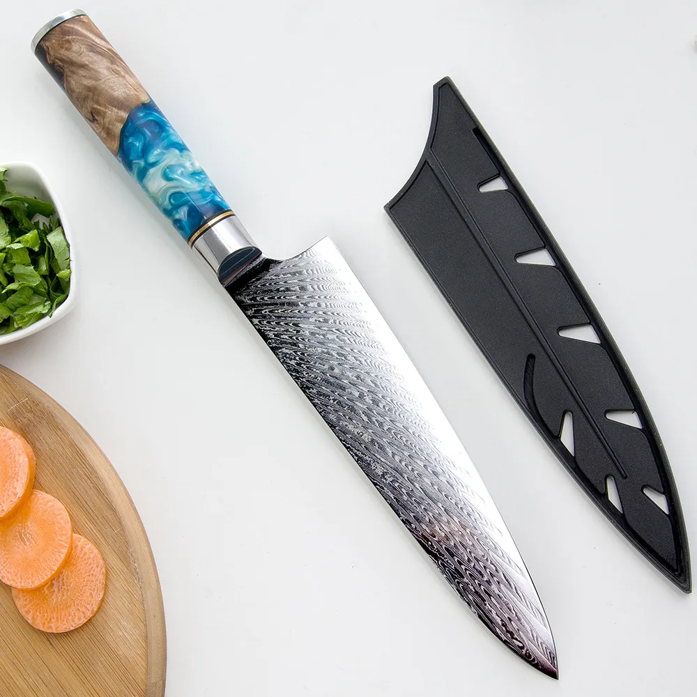 XYj нож шеф повара из дамасской стали искусственный с деревянной ручкой смолы