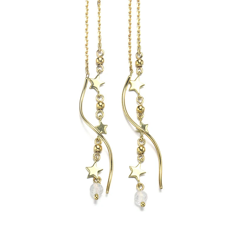 Трендовые длинные серьги капли 9K из настоящего желтого золота с лунным камнем и