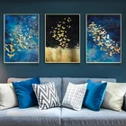 Абстрактный Синий Золотой плакат с рыбками и птицами, скандинавский искусство, Золотая фотография для современного коридора, декор для гостиной