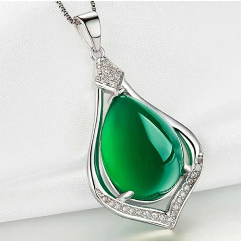 

Популярное ожерелье с зеленым нефритом в виде капли воды из серебра 925 пробы, Очаровательное ожерелье из халцедона, ювелирные аксессуары, мо...