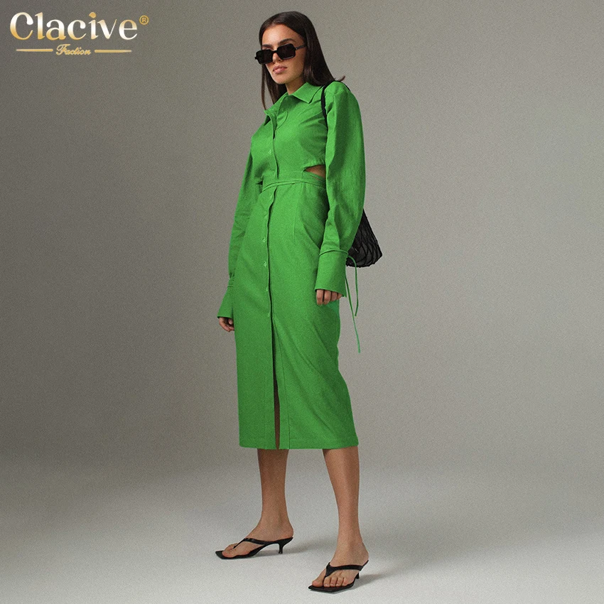 

Clacive Green Cotton Hollow Out Turn-Down Collar Sashes Lady Long Dress Single Breasted Lace Up Straight Mid-Calf Dresses Women