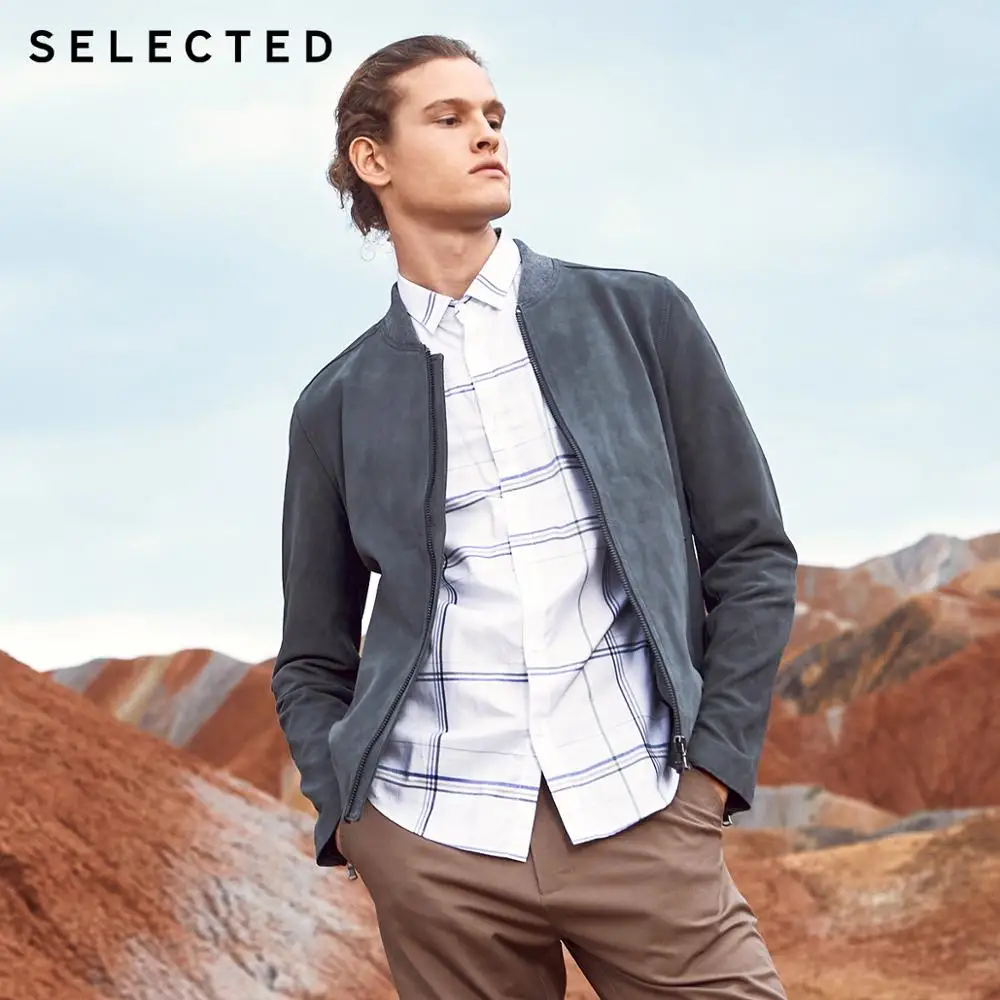 SELECTED Men's Spring Sheep Wool Leather Jacket Baseball Collar Business Casual Coat S | 419110509 - Цвет: GRAY MIST