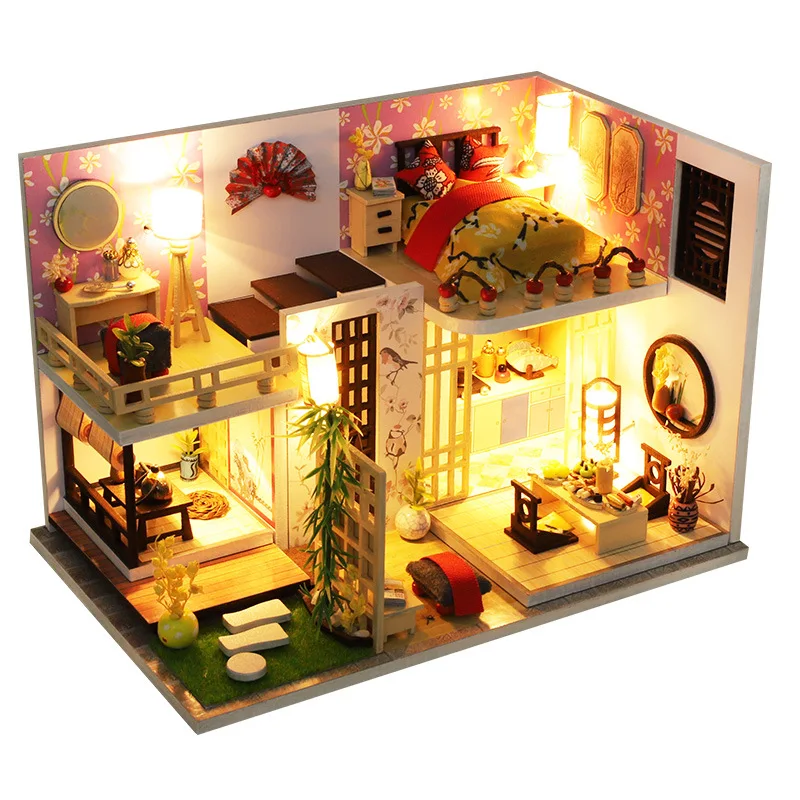 

DIY Wooden Dollhouse Japanese Architecture Puzzle Casa 3D Doll Houses Miniature With Furniture Creative Toys For Children Gift